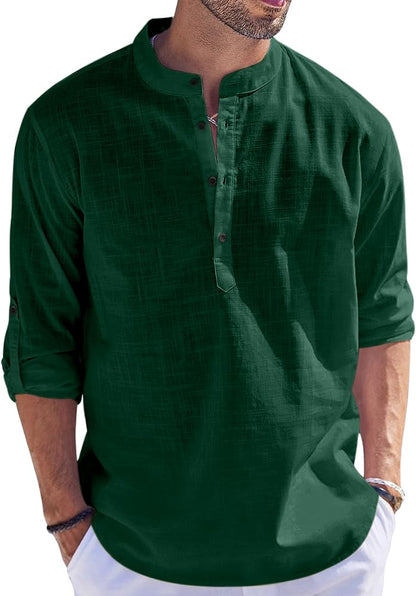 Hemrin Men Solid Cotton Blend Straight Kurta Shirt Dark Green