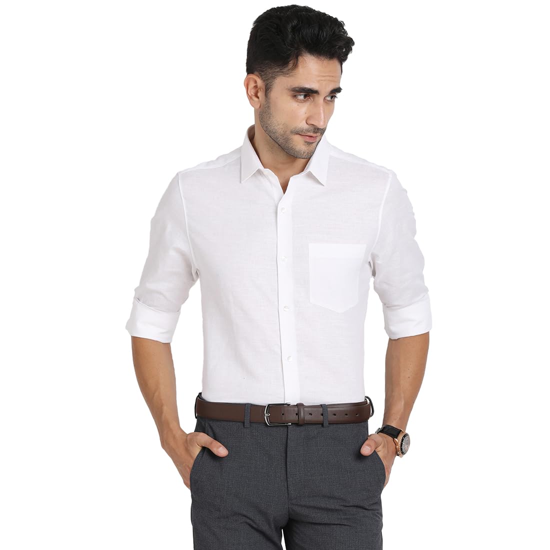Turtle Men Cotton Linen White Solid Slim Fit Full Sleeve Formal Shirt