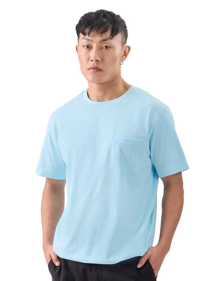 The Souled Store Solids: Frost Blue Men and Boys Short Sleeve Round Neck Regular Fit Polyester T-Shirts