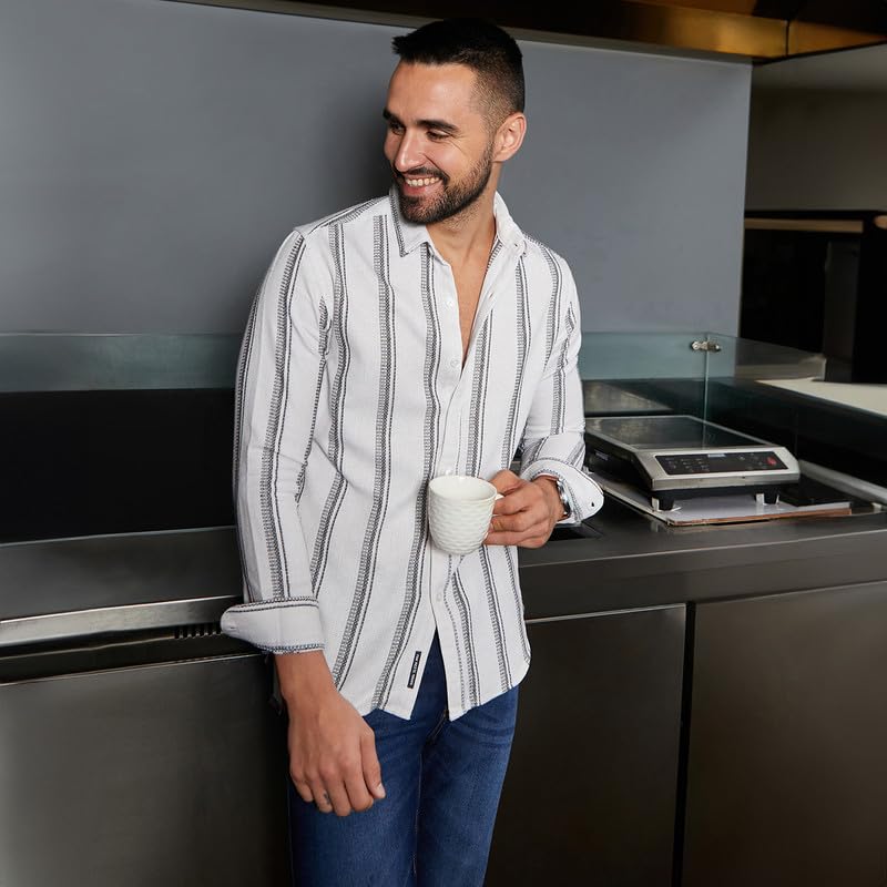 Campus Sutra Mens White & Dark Grey Barcode Striped Shirt for Casual Wear| Spread Collar | Long Sleeve | Button Closure | Cotto