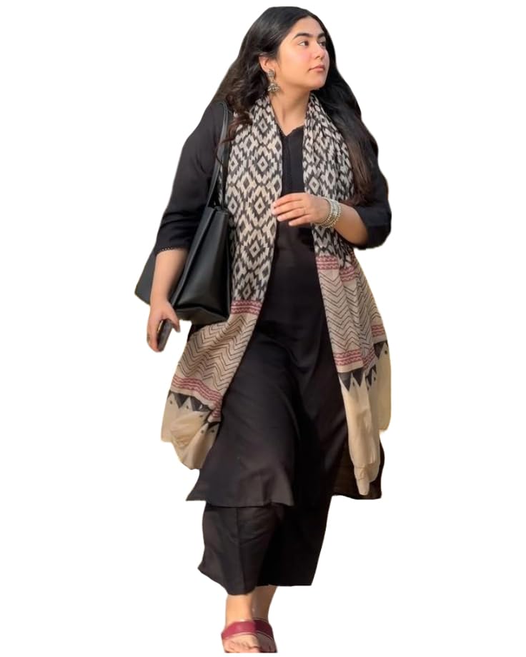 ANNI DESIGNER Women s Plain Rayon Viscose Kurta with Trousers and Dupatta, Black, XL