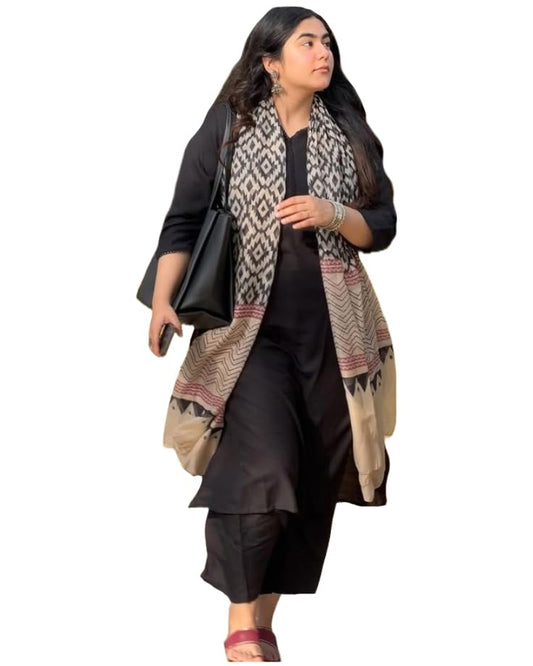 ANNI DESIGNER Women s Plain Rayon Viscose Kurta with Trousers and Dupatta, Black, XL