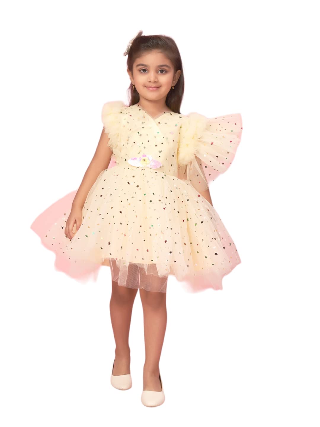 Aarika Baby-Girl's Net Fit and Flare Above The Knee Dress (New_FK-16010_Lemon