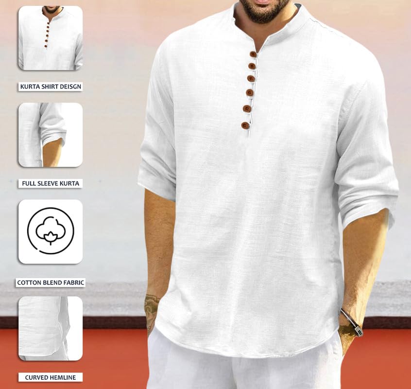 Royalscout MenS Cotton Polyester Blend Solid Regular Fit Full Sleeve Short Kurta | Ethnic, Lightweight Summer Kurta For Daily &