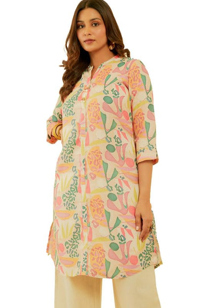 Soch Womens Beige & Red Abstract Print Linen Blend Kurta