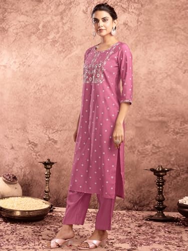 Sanisa Women's Silk Blend Pigment Print & Embroidery Straight Kurta with Pant and Dupatta Set