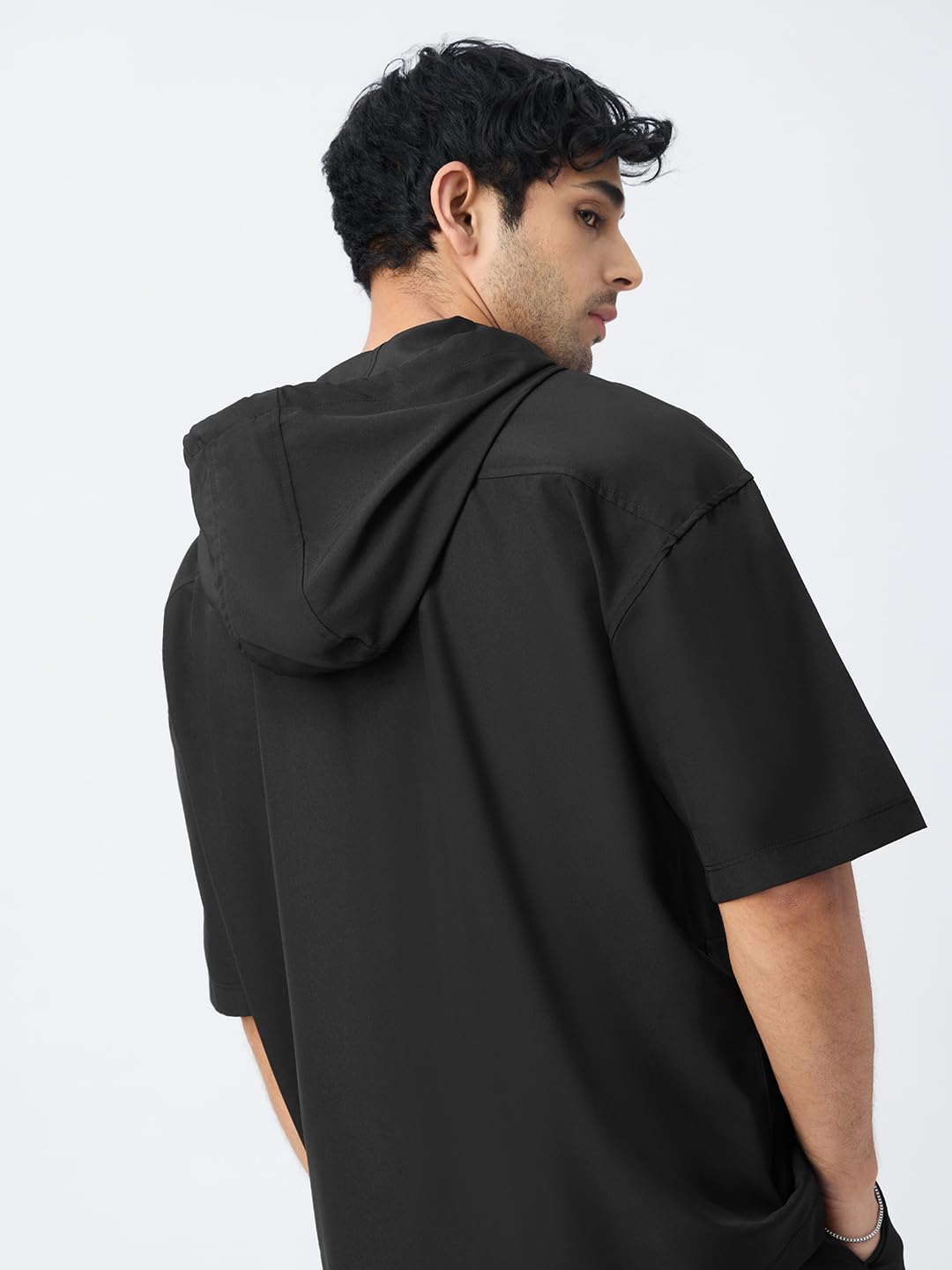The Souled Store Hooded T-Shirt: Black Men and Boys Short Sleeves Hooded Neck Pull On Black Solid Polyester Blend Oversized Hood