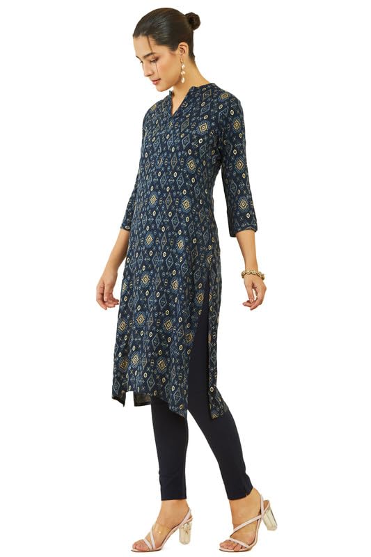 Soch Womens Navy Blue Rayon Ikat Print Straight Kurta With Pocket