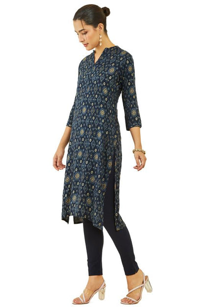 Soch Womens Navy Blue Rayon Ikat Print Straight Kurta With Pocket