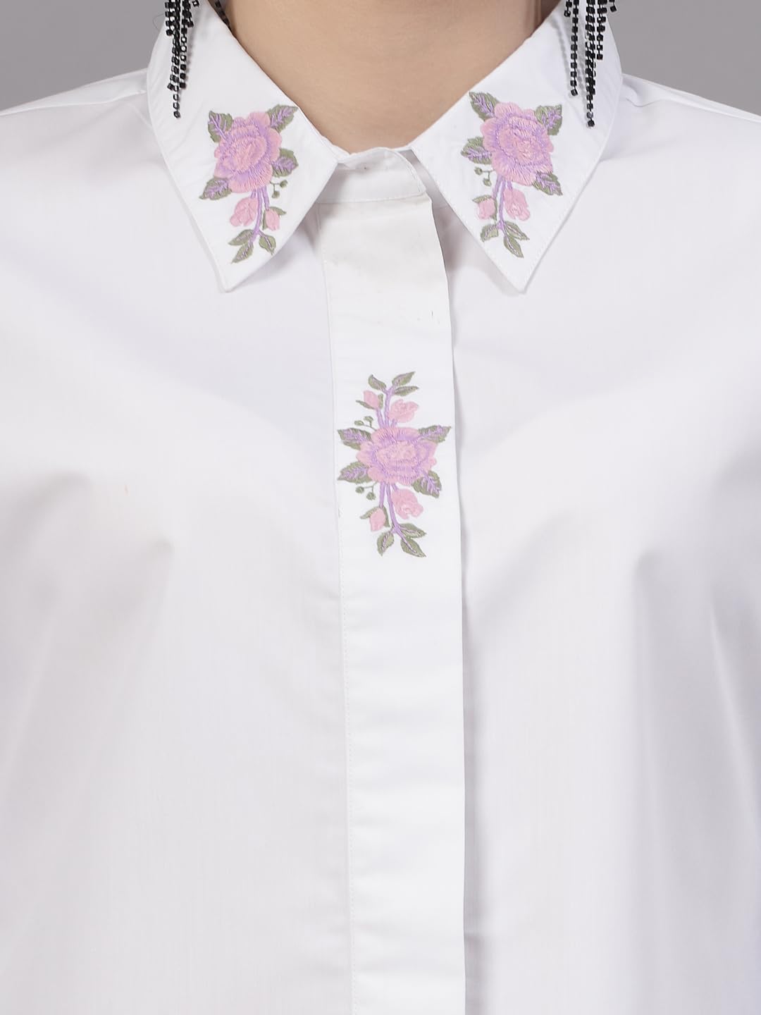 Style Quotient Women Embroidered White Polycotton Regular Smart Casual Shirt