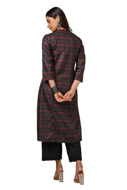 Soch Womens Navy Blue Linen Blend Ikat Print Kurta