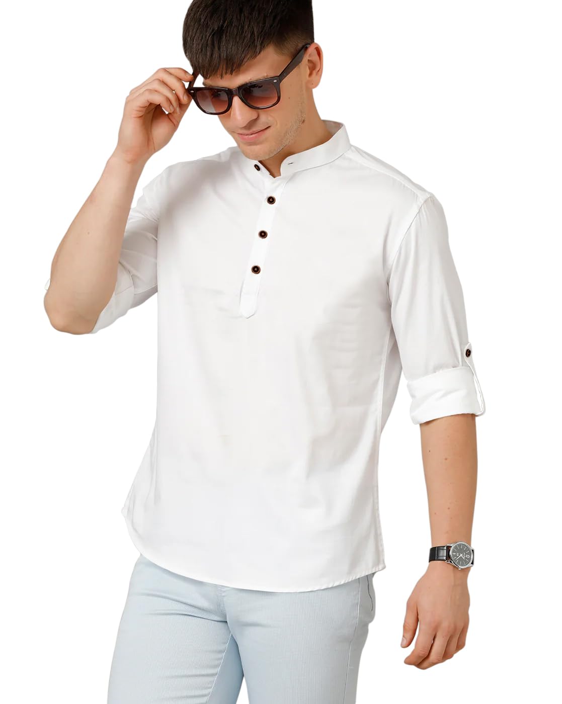 Zombom MenS Cotton Blend Solid Regular Fit Casual Mandarin/Chinese Collor Short Kurta White