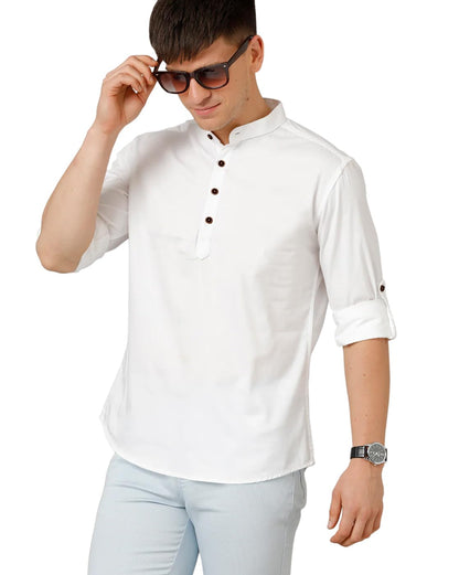 Zombom MenS Cotton Blend Solid Regular Fit Casual Mandarin/Chinese Collor Short Kurta White