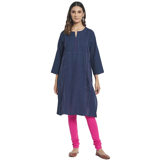 Fabindia Navy Blue Cotton Embroidered Knee Length Kurta