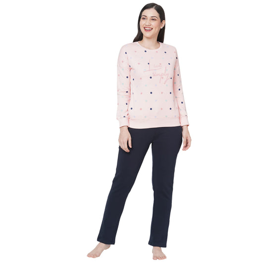 Sweet Dreams Women Printed Long Sleeves Round Neck Pink Fleece Winter Tracksuit