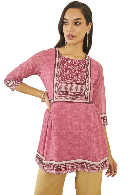 Soch Womens Pink Georgette Floral Print Round-Neck Tunic with Beadwork