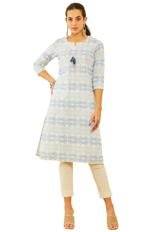 Soch Womens Off White Poly Cotton Embroidered Kurta with Tassels