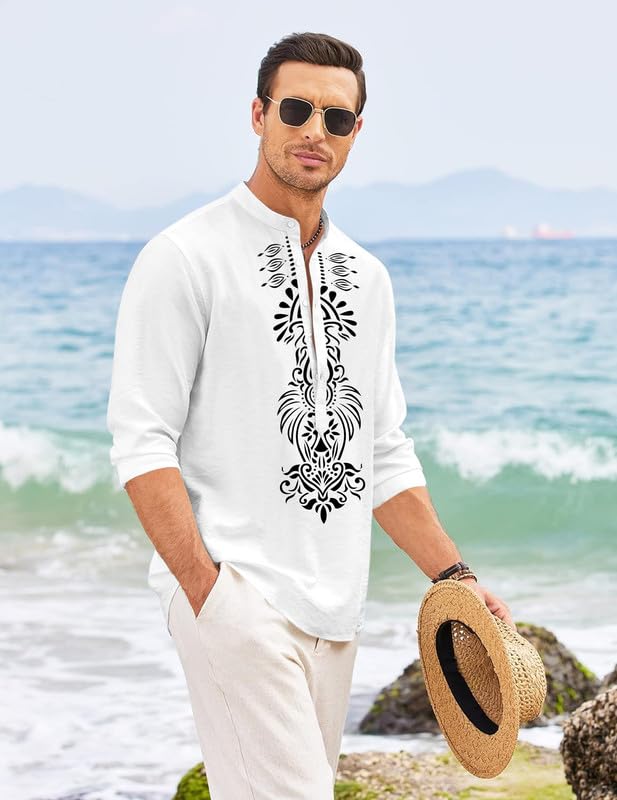 Finivo Fashion MenS Cotton Blend Short Kurta With Bold Printed Front Design | Full Sleeve Ethnic Casual Kurta With Mandarin Coll