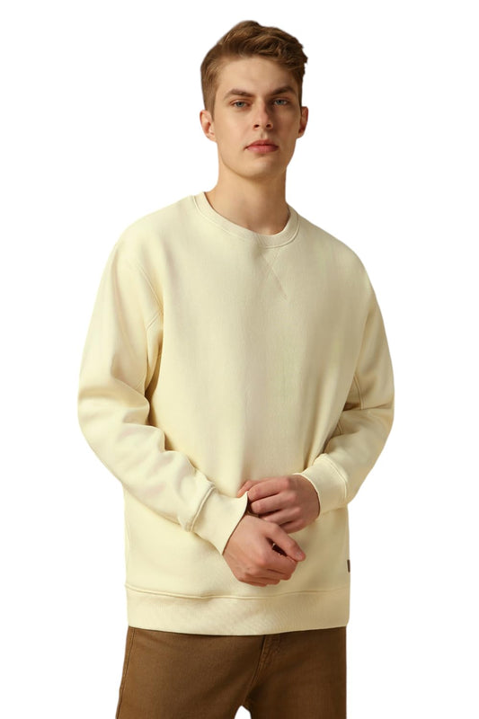 Dennis Lingo Men Off-White Solid Relaxed Fit Full Sleeve Mock Collar Sweatshirt