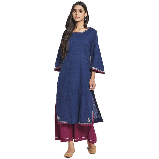 Fabindia Women Cotton Embroidered Slim Fit 2 Piece Kurta Set Blue