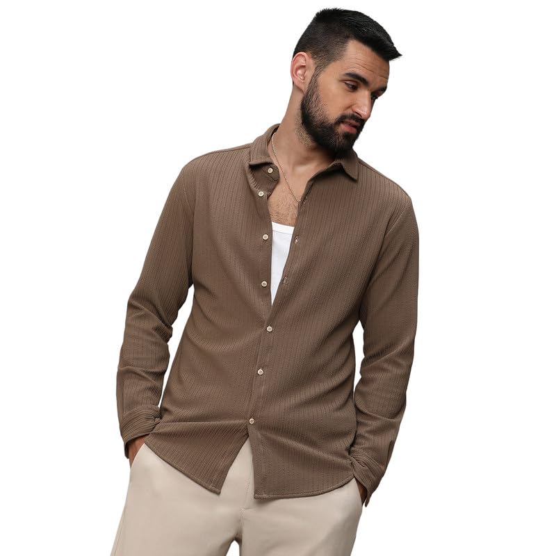 Campus Sutra Mens Tan Brown Stripe-Creased Shirt for Casual Wear | Spread Collar | Long Sleeves | Button Closure | Shirt Crafte