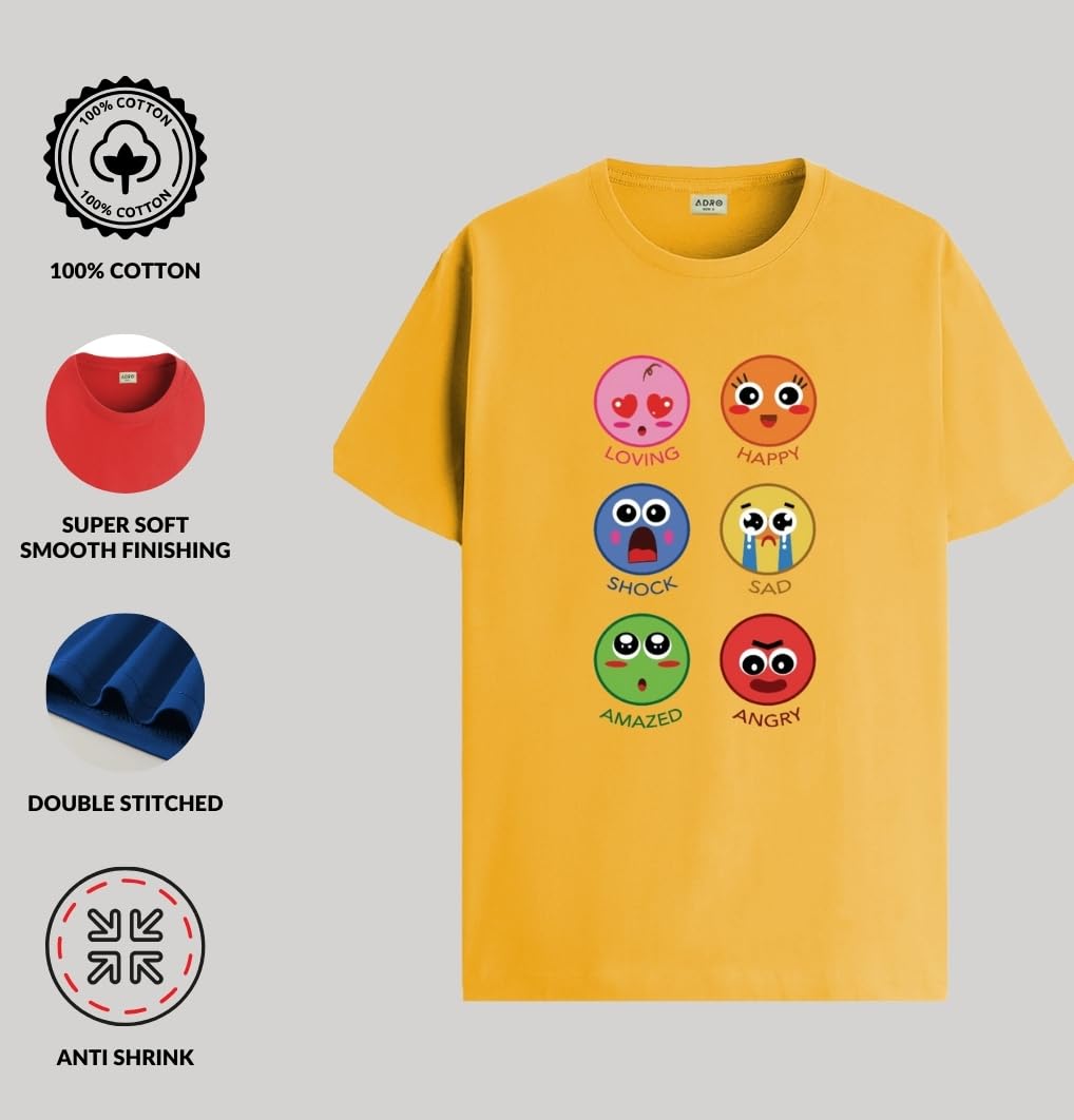 ADRO T Shirts for Boys & Girls || Emotions of Smiley Printed T-Shirt || Ages 3-14 || 100% Cotton Round Neck Tshirt for Boys & Gi