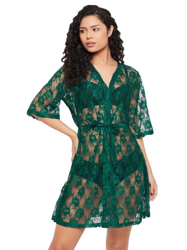 Clovia Womens Lace Basic Sheer Robe (Ns1509P17_Green_S)