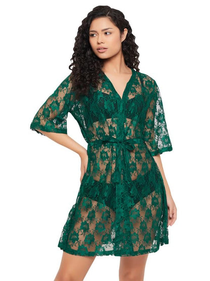 Clovia Womens Lace Basic Sheer Robe (Ns1509P17_Green_S)