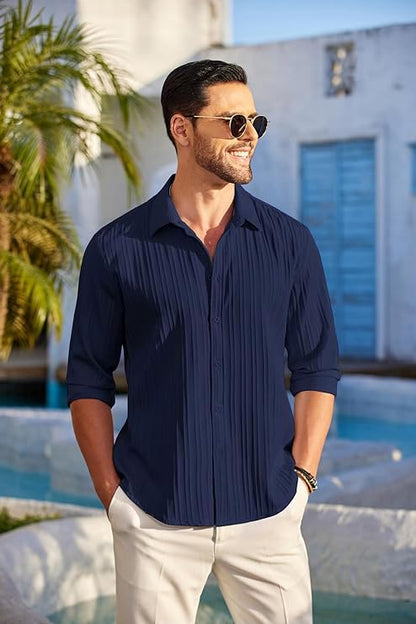CB-COLEBROOK Mens Casual Button Down Shirts Long Sleeve Linen Shirt Fashion Textured Beach Summer Shirt (in, Alpha, XL, Regular