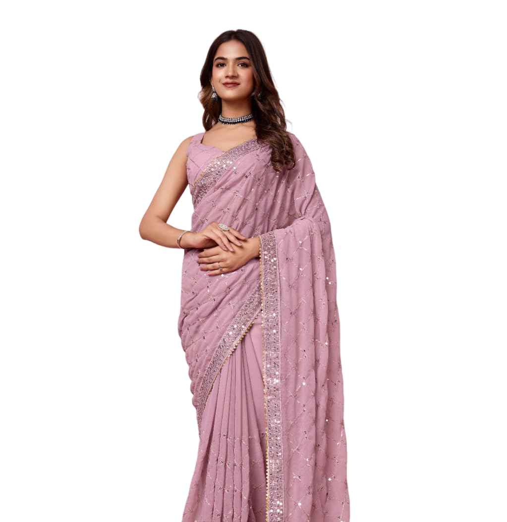 Vairagee Women Soft Georgette Emroidery Saree With Sequence Lace Unstitched Blouse (6236)
