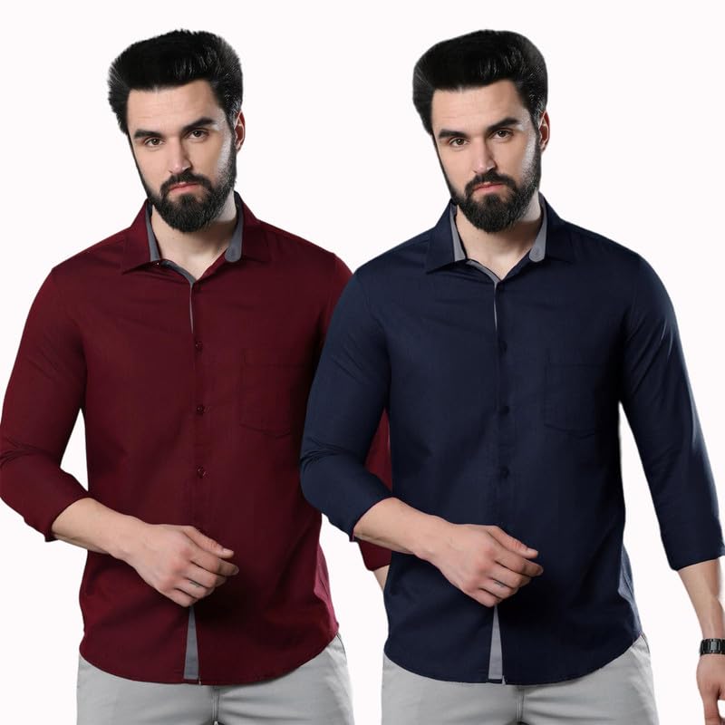 Pinkmint Shirt for Men ll Cotton Long Sleeve Shirt ll Spraed Collar Summer Shirt (Pack of 2)