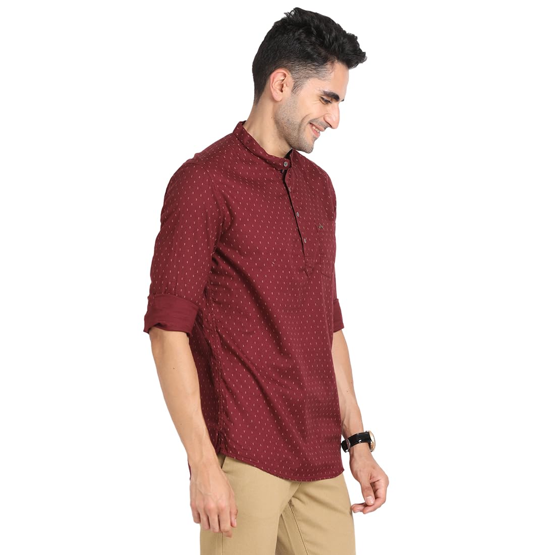 Turtle Men 100% Cotton Maroon Printed Slim Fit Casual Kurta Shirt