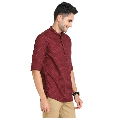 Turtle Men 100% Cotton Maroon Printed Slim Fit Casual Kurta Shirt