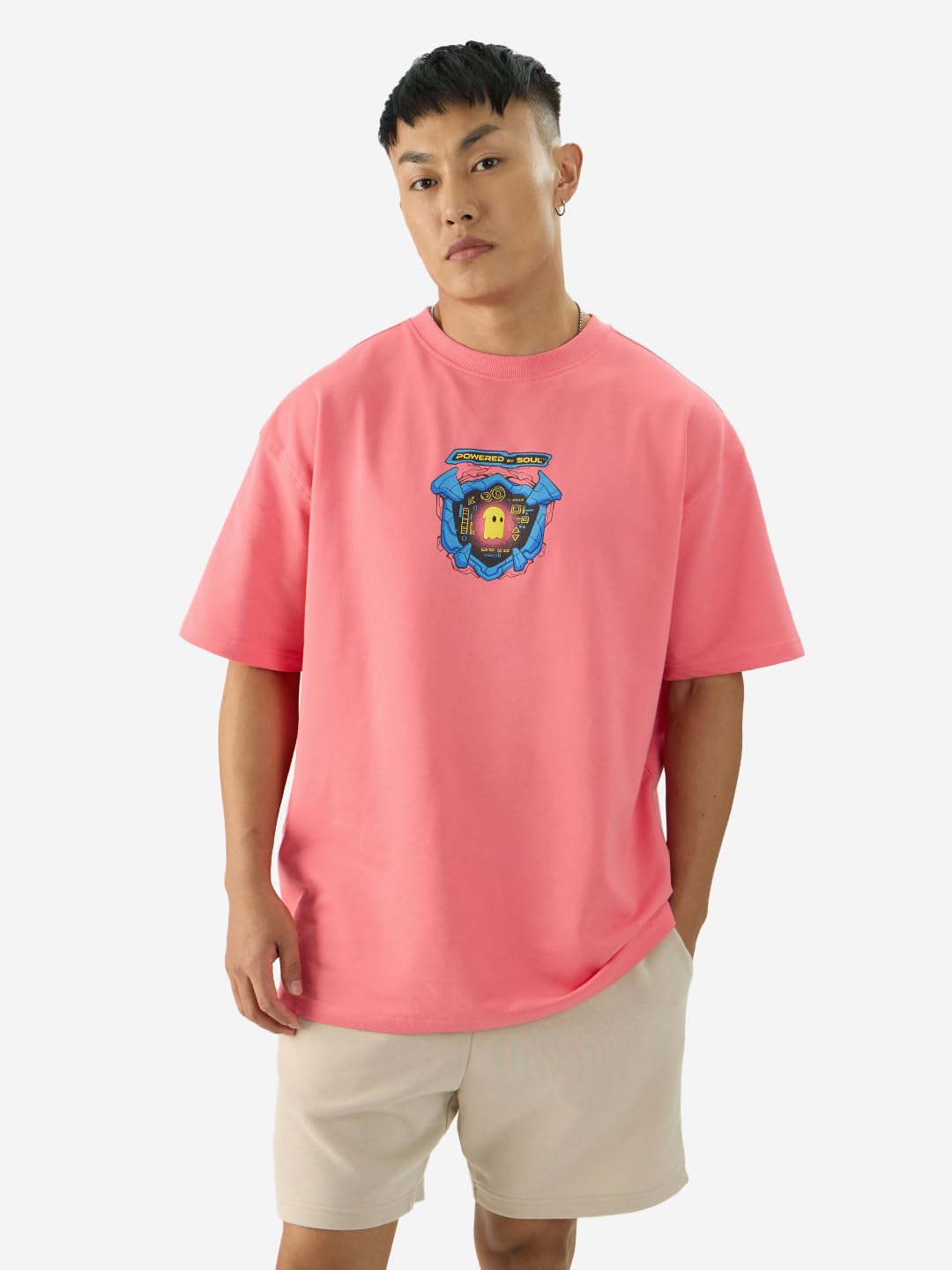 The Souled Store Cyber Vigilante Short Sleeve Round Neck Pink Graphic Printed Cotton Oversized T-Shirts for Men & Boys