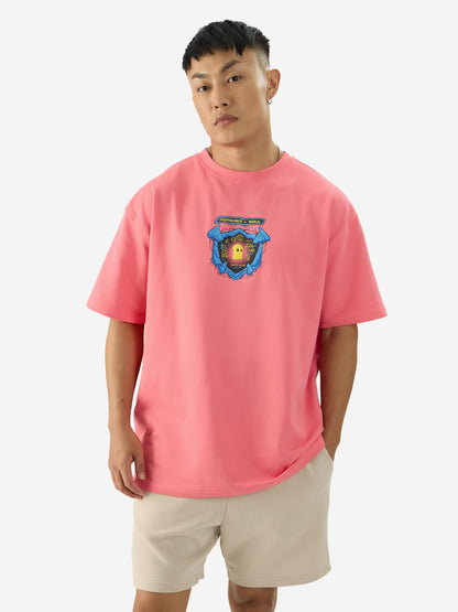 The Souled Store Cyber Vigilante Short Sleeve Round Neck Pink Graphic Printed Cotton Oversized T-Shirts for Men & Boys