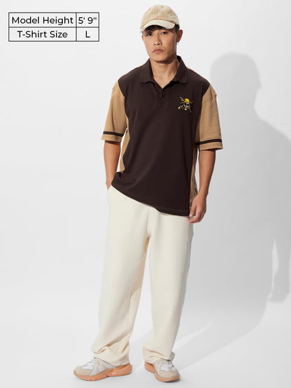 The Souled Store One Piece: Pirates Men and Boys Short Sleeves Collared Neck Cotton Blend Oversized Polos Brown