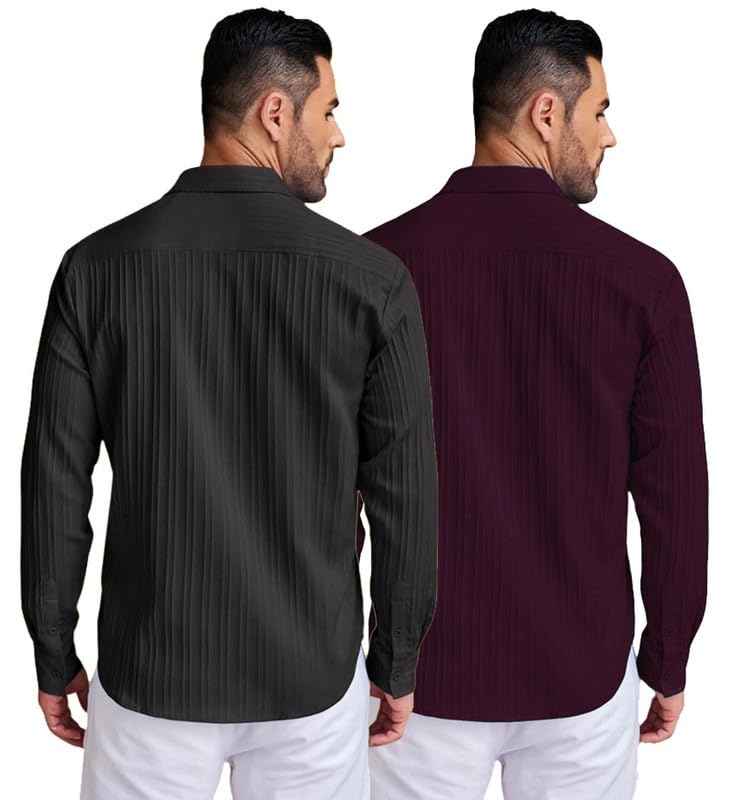 Deelmo Combo Of MenS Casual Button Down Shirts Long Sleeve Linen Shirt Fashion Textured Summer Shirts Pack Of 2 Black - Purple
