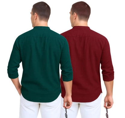 Deelmo Combo Of MenS Cotton Blend Solid Regular Fit Full Sleeve Short Kurta | MenS Trendy Short Kurta Pack Of 2