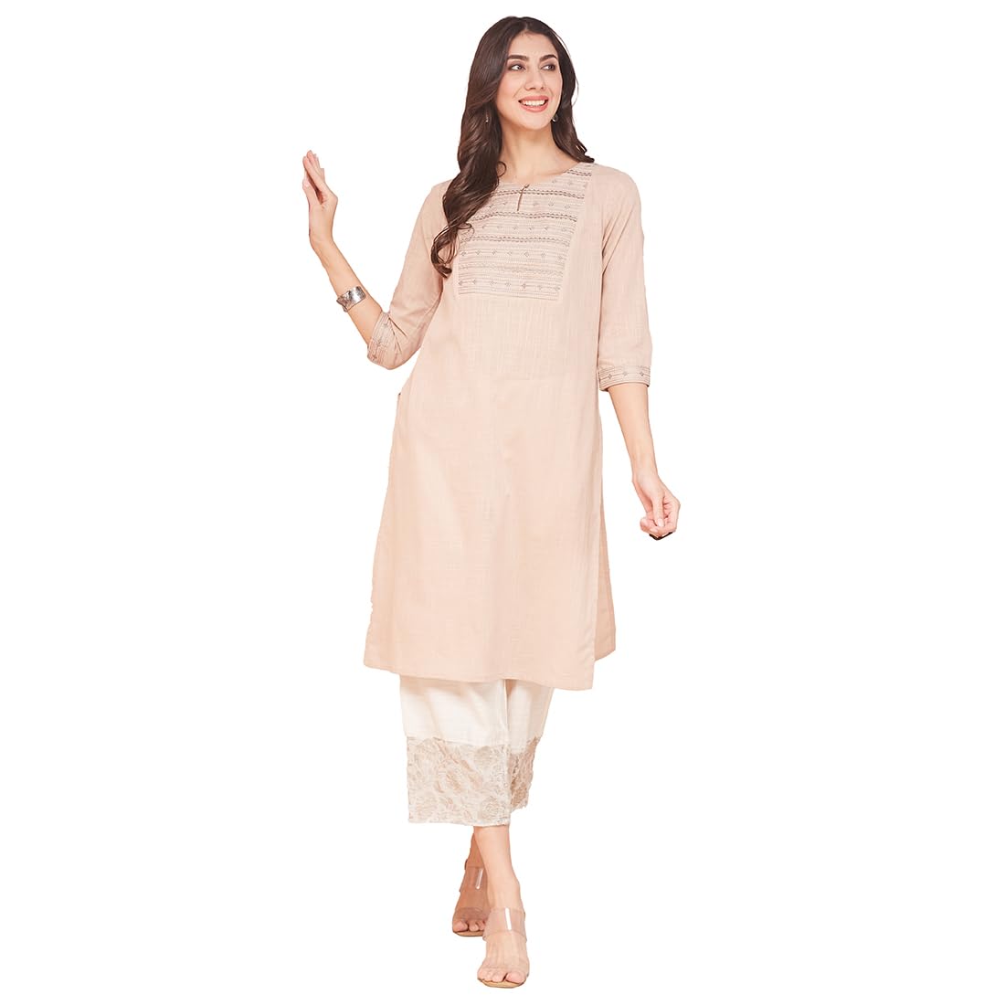 Fabindia WomenS Cotton Embroidered Regular Kurta (1037316Beige_Beige