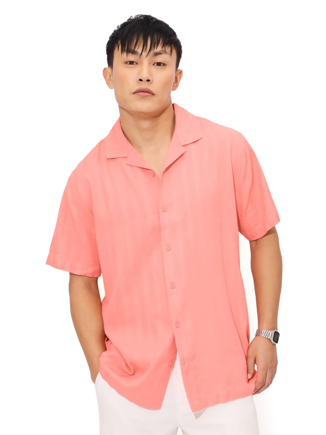 The Souled Store Solids: Peachy Pink Men and Boys Short Sleeves Collared Neck Button Down Solid Viscose Textured Holiday Shirts