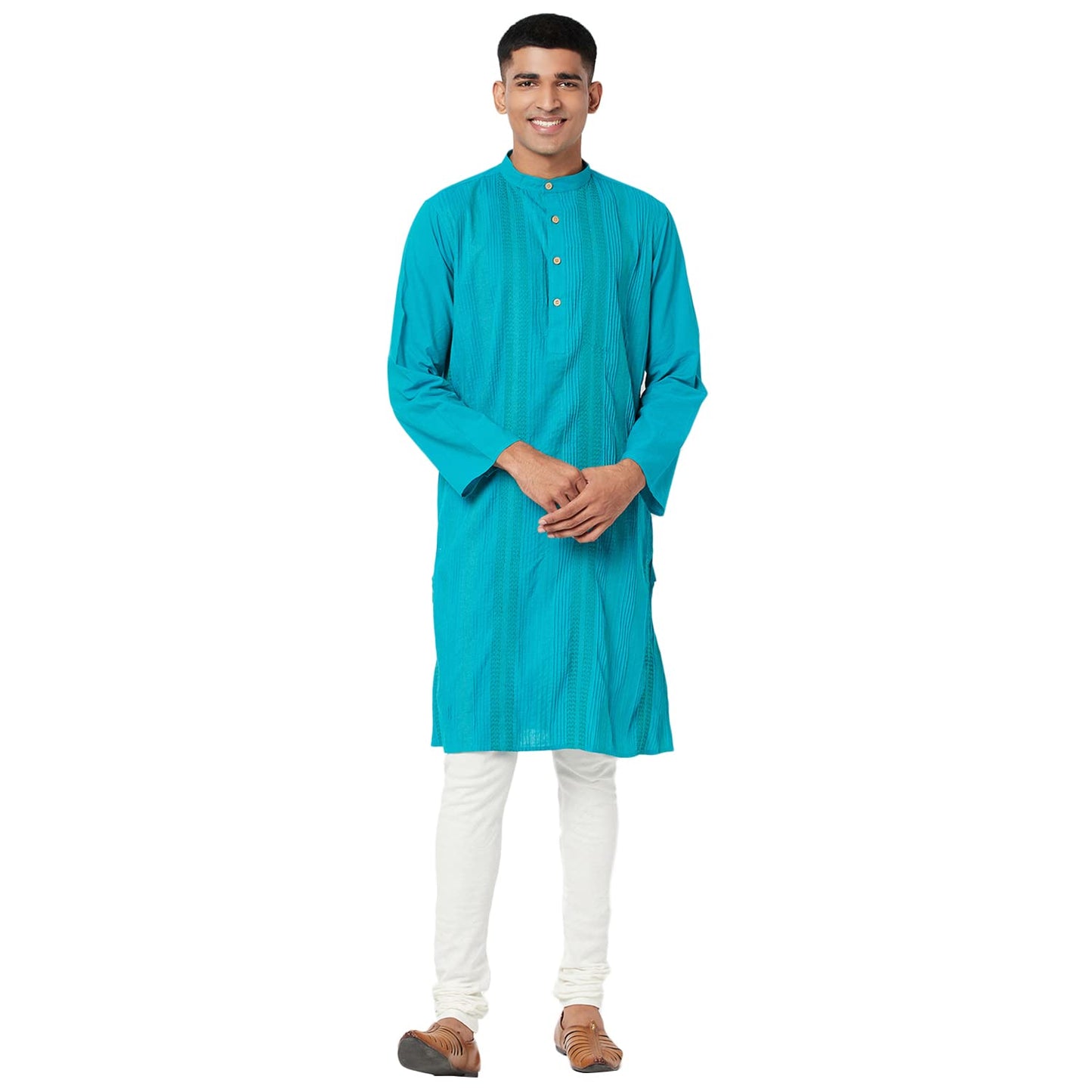 Fabindia Men Cotton Pintuck Long Kurta Turquoise_S