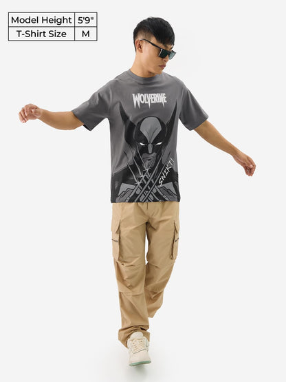 The Souled Store Official Wolverine: Clawed Men and Boys Short Sleeve Round Neck Grey Graphic Printed Cotton Oversized T-Shirt