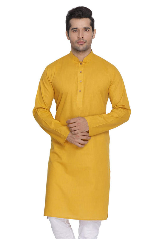 Vastramay Mens Mustard Cotton Linen Blend Kurta  Elegant Ethnic Wear with Mandarin Collar, Perfect for Eid, Weddings & Festive 