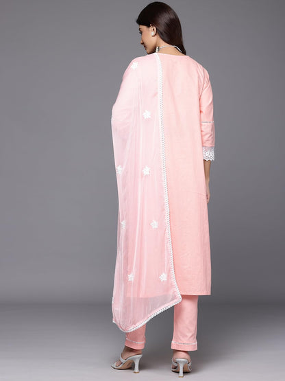 Varanga Women Peach Round Neck Chikankari Straight Kurta With Bottom And Dupatta
