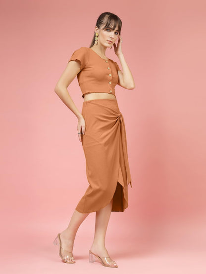 Oomph! Stretchable Lycra Coord Crop Top And Skirt Set For Women, Orange - Coord_Mt978Msk255