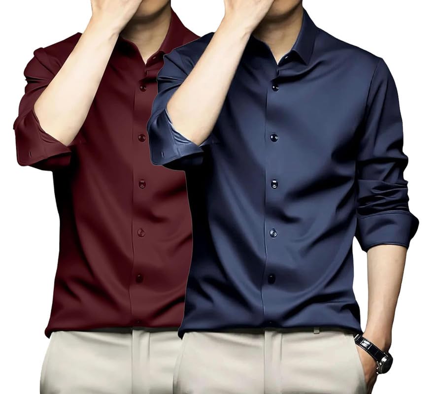 Deelmo Combo Of MenS Stylish Solid Satin Casual Shirt For Men Full Sleeves| Poly Satin Silk Shirt Pack Of 2 Maroon-Navy