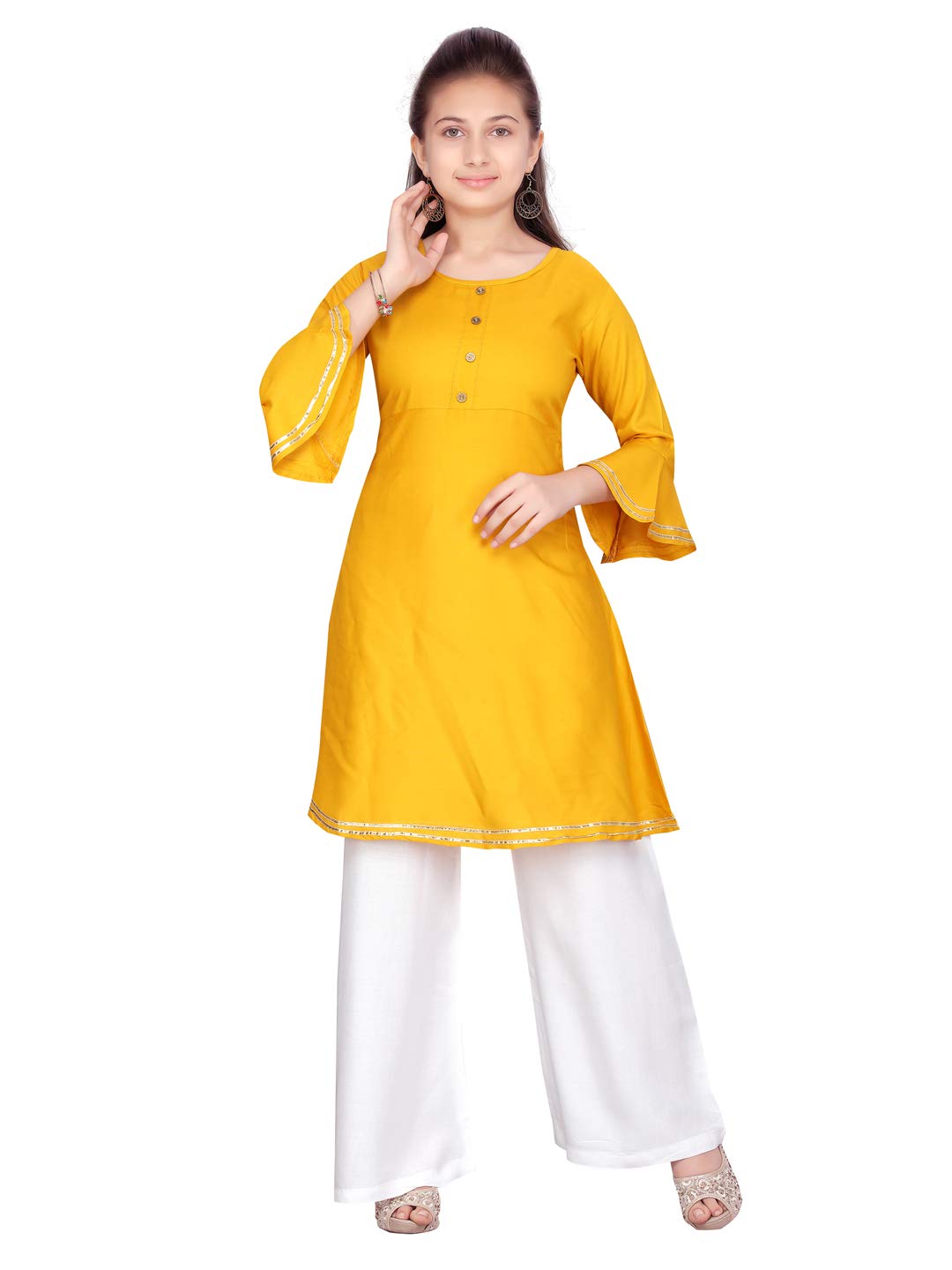 Muhuratam Cotton Girls Yellow Colour Kurti Palazzo Set (Pl-A-13 White_36)
