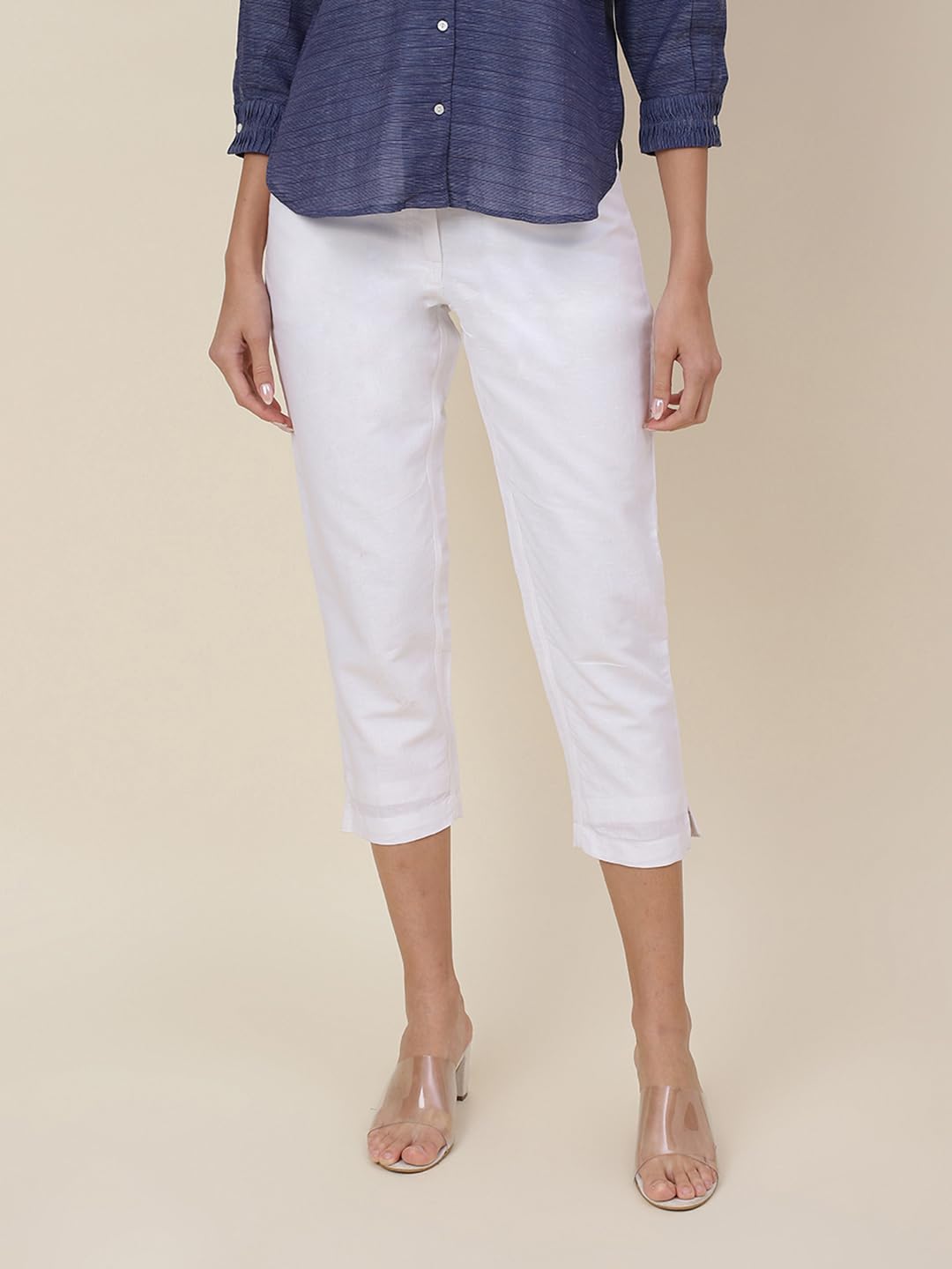 Fabindia Women Blend Front Zipper Casual Pant Linen_40 White