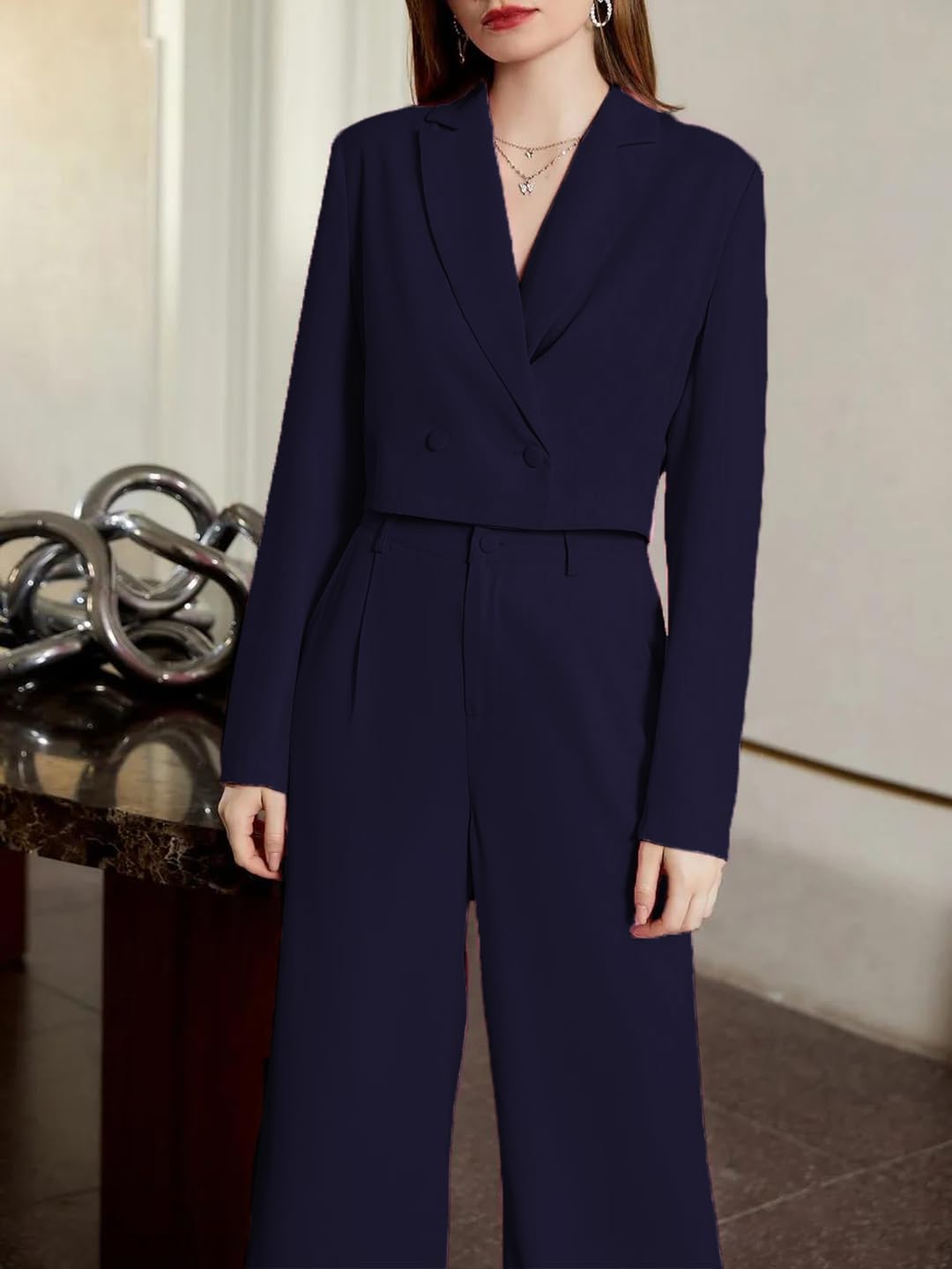 KOTTY Womens Solid Relaxed Fit Full Sleeve Co-ord Blazer and Trouser Set. Navy Blue