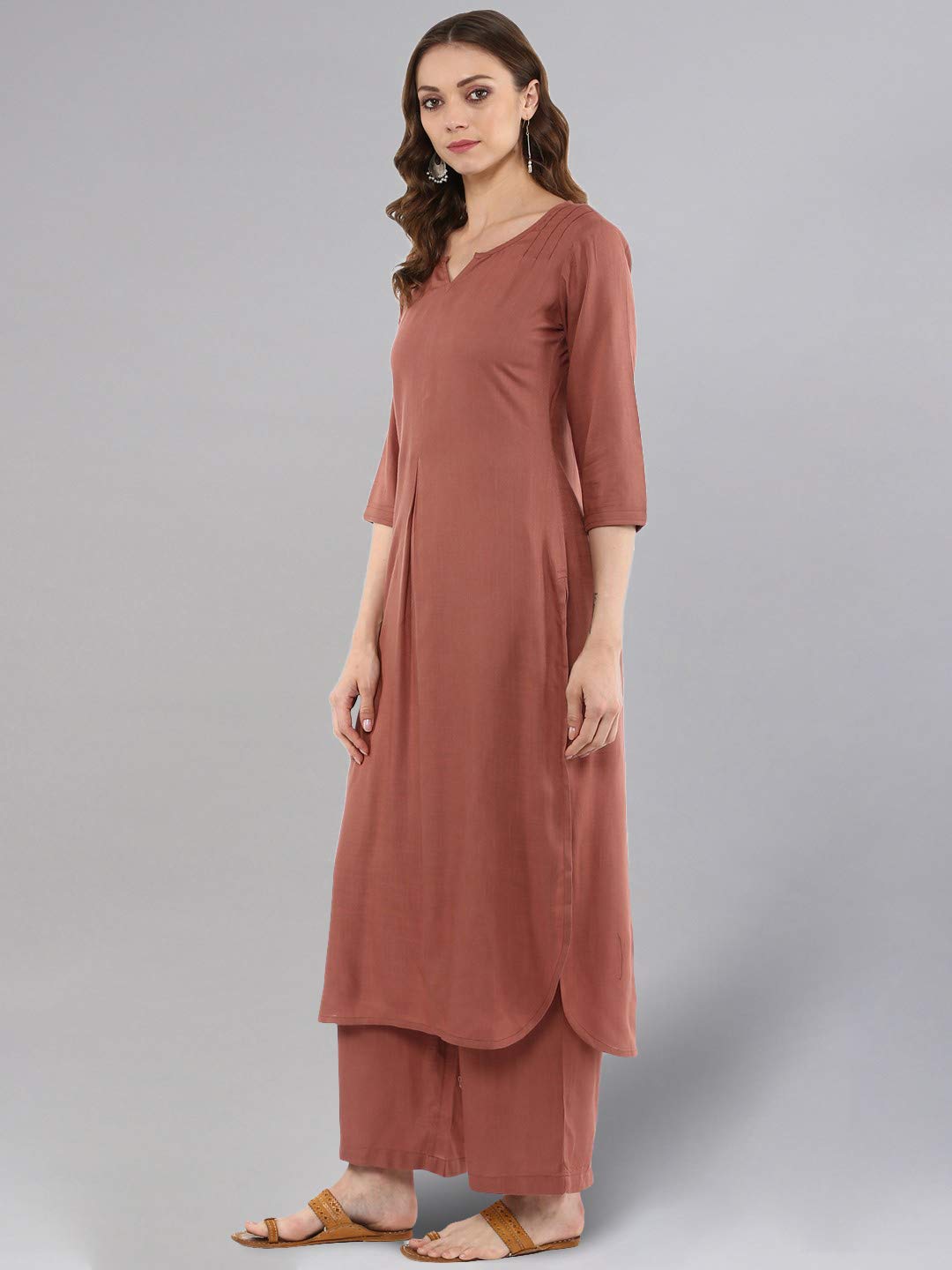 idaLia Rayon Solid Straight Brown Kurta Set for Women with Palazzo 3/4 Sleeve, Round V Neck Designer Kurta with Palazzo Pant Set